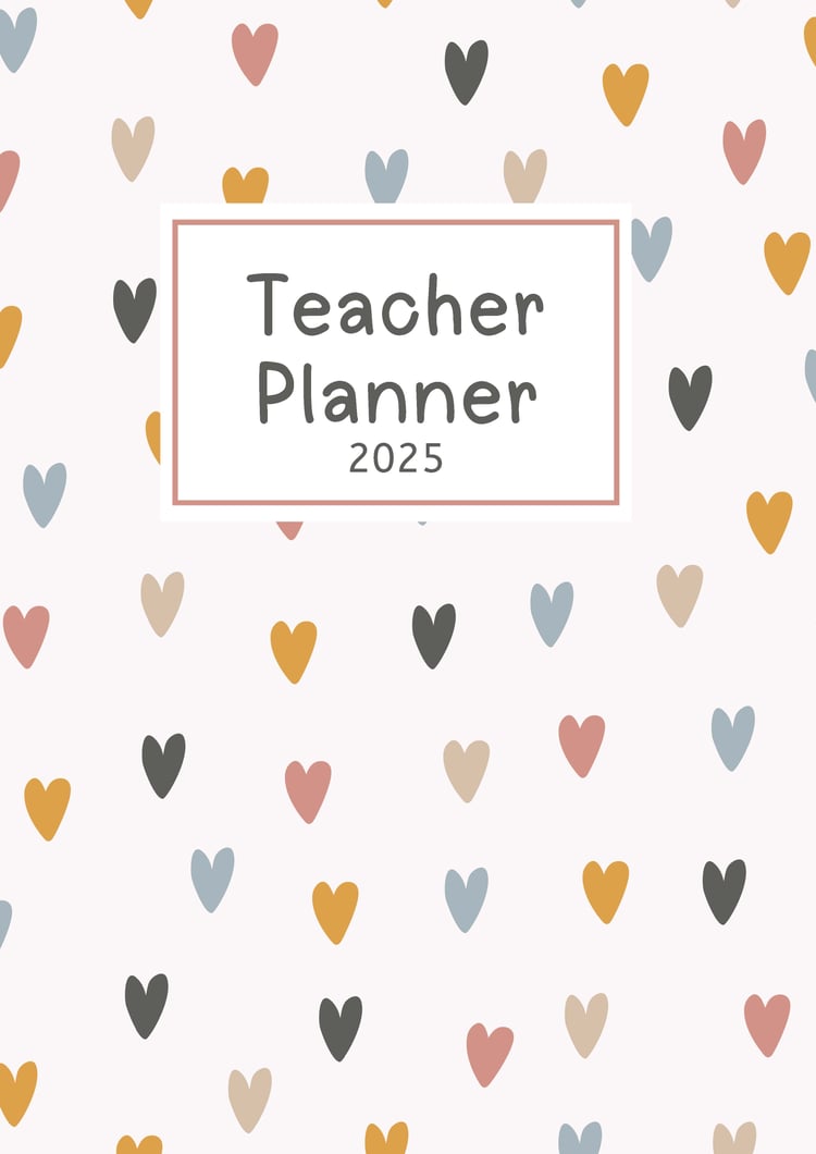 Teacher planner 2025 and 2026 in pink and grey hearts pattern style
