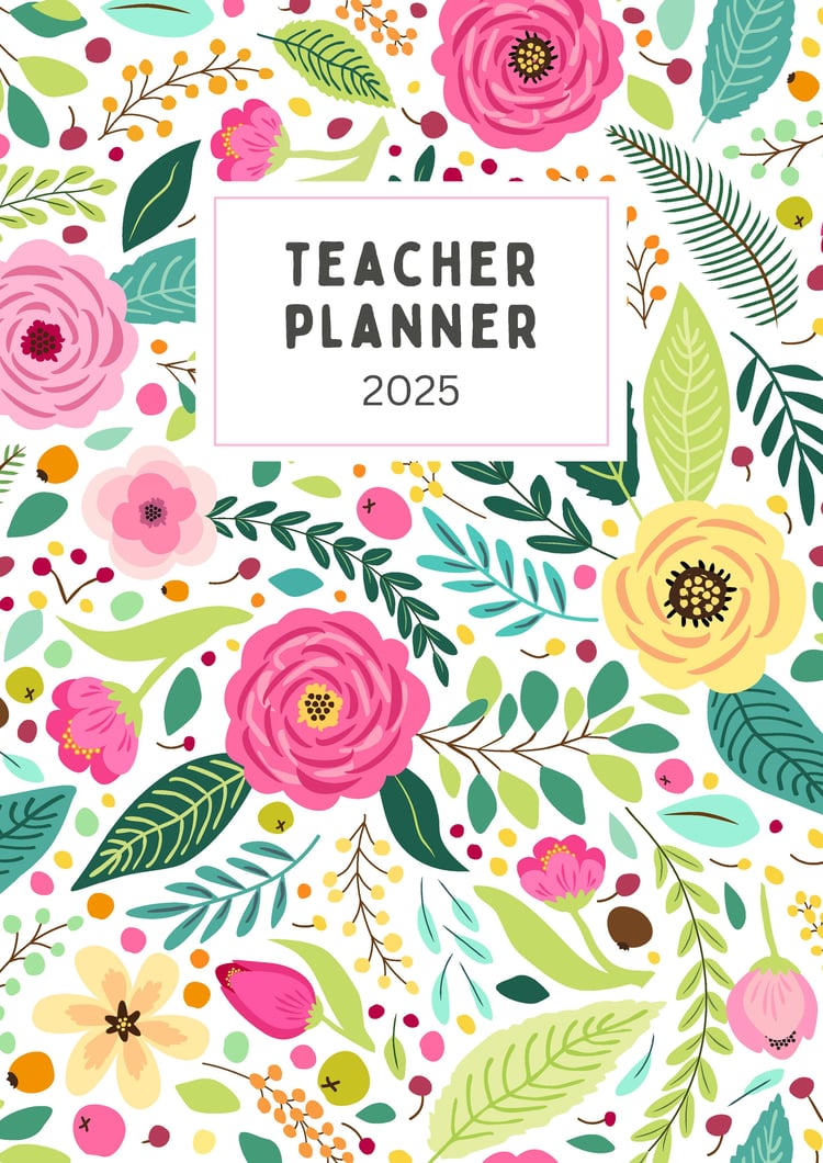 Teacher planner for 2025 in green and pink simple flowers style