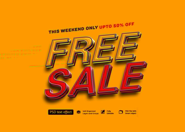 Free Sale Text Effect | (PSD Text Effect | Template)     Get professionally designed PSD Text Effect templates that are versatile and 100% editable. These templates feature Smart Object layers for quick customization, with neatly grouped and clearly named