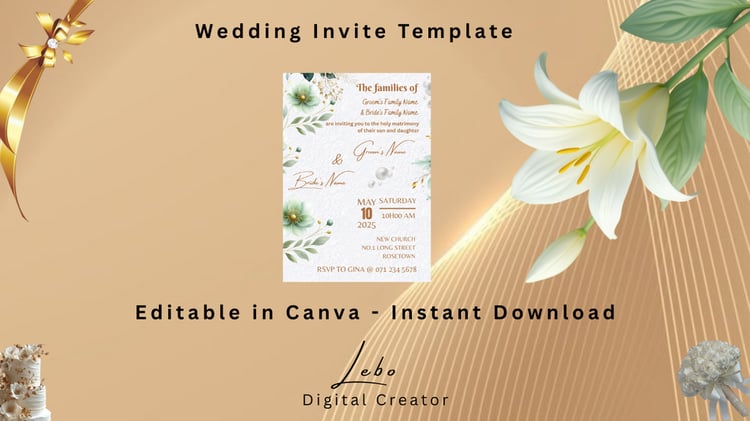 Elegant wedding invitation with green and gold design accents, ideal for a romantic and sophisticated celebration.