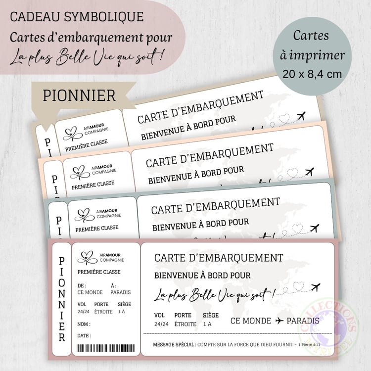 CADEAU PIONNIER JW - CARTES DEMBARQUEMENT SYMBOLIQUES à imprimer - 4 couleurs - Cadeau Service de Pionnier, Ecole des Pionniers - La plus belle vie qui soit !