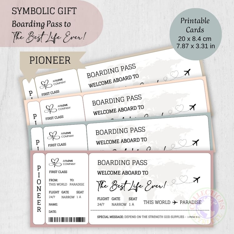 JW PIONEER GIFT - SYMBOLIC BOARDING PASS CARDS - 4 colors - Pioneer Service Gift, Pioneer School - The Best Life Ever!
