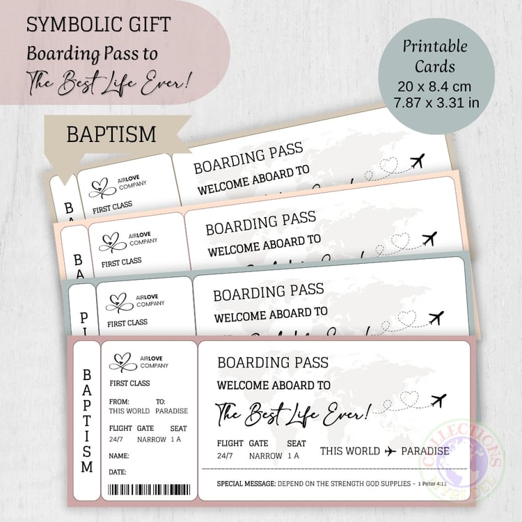 JW BAPTISM GIFT - SYMBOLIC BOARDIND PASS CARDS - 4 colors - Baptism Gifts - The Best Life Ever!