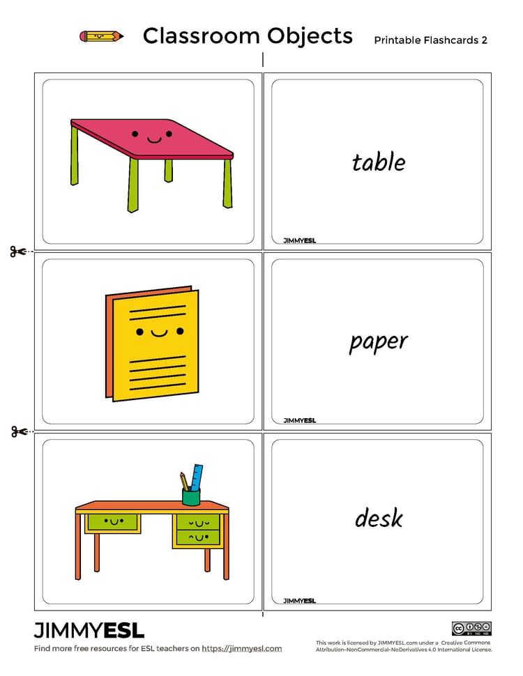 Classroom Objects Printable Flashcards – JIMMYESL Edition