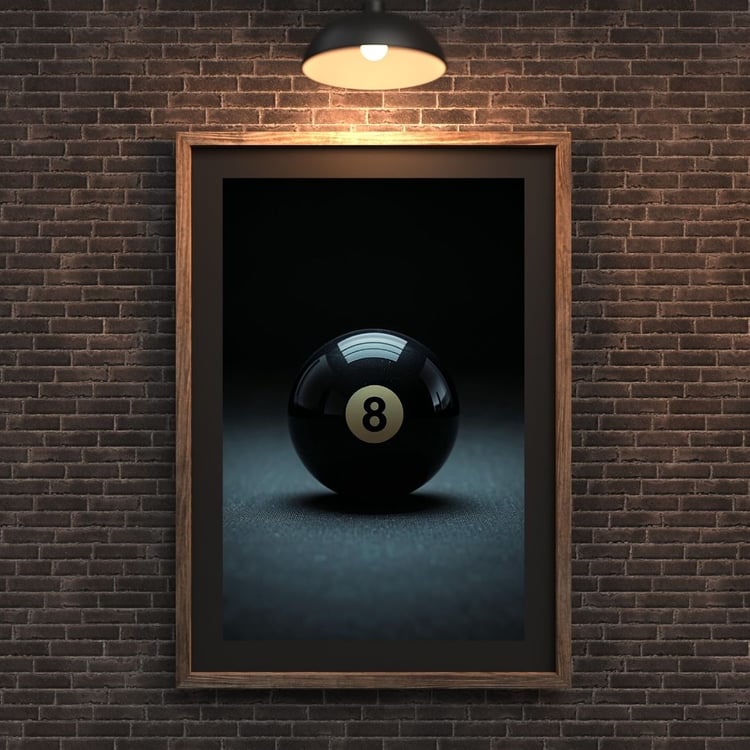 Close-up of a shiny black 8 ball on a dark surface, perfect decorative lucky 8 ball wall art for game room decor.