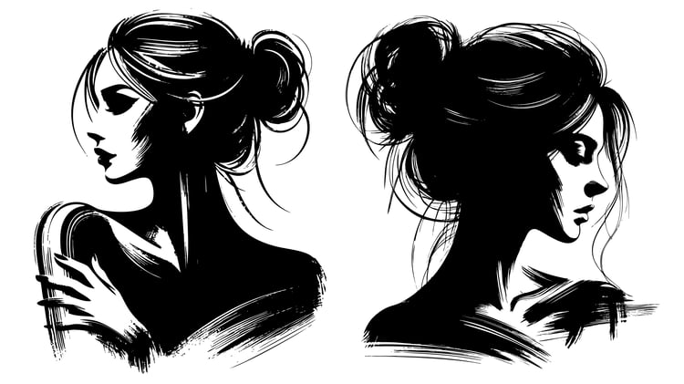 A stylish AI-generated set of female silhouette illustrations created using expressive brush strokes.