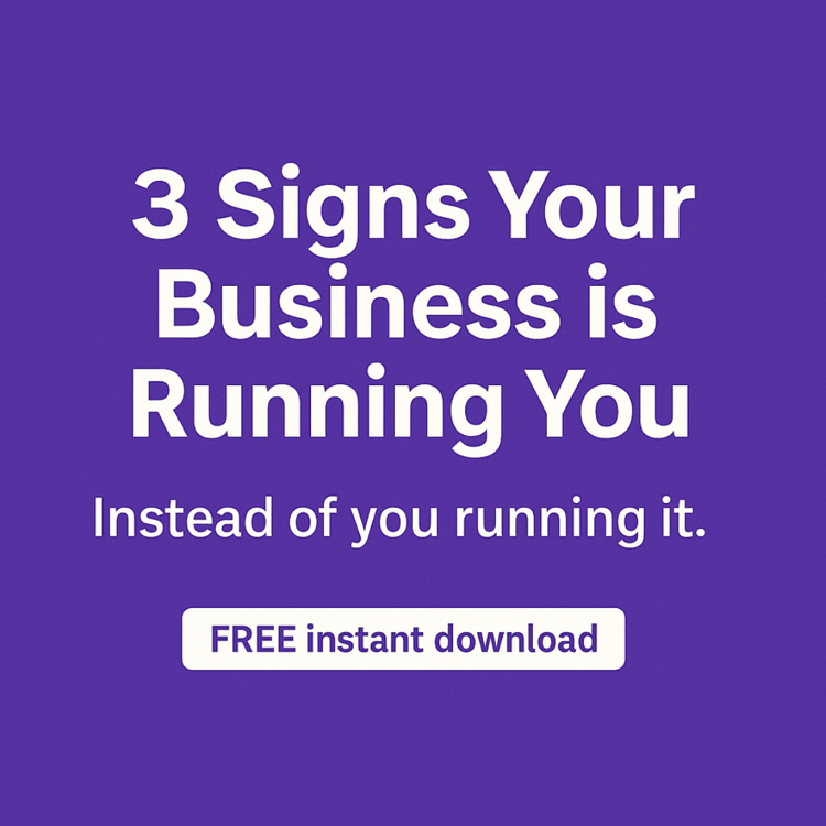 Bold purple square graphic with centered white text that reads: “3 Signs Your Business is Running You” and underneath it, “Instead of you running it.” A white button-style banner below says “FREE instant download.” Clean, minimalist style designed to capt