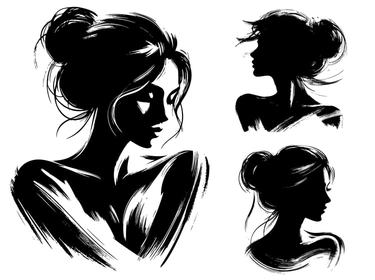 A captivating set of AI-generated female silhouette illustrations crafted with bold and expressive brush strokes.