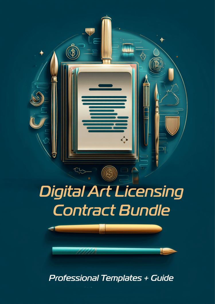 Digital Art Licensing Contract Templates eBook cover featuring legal documents and digital artwork.