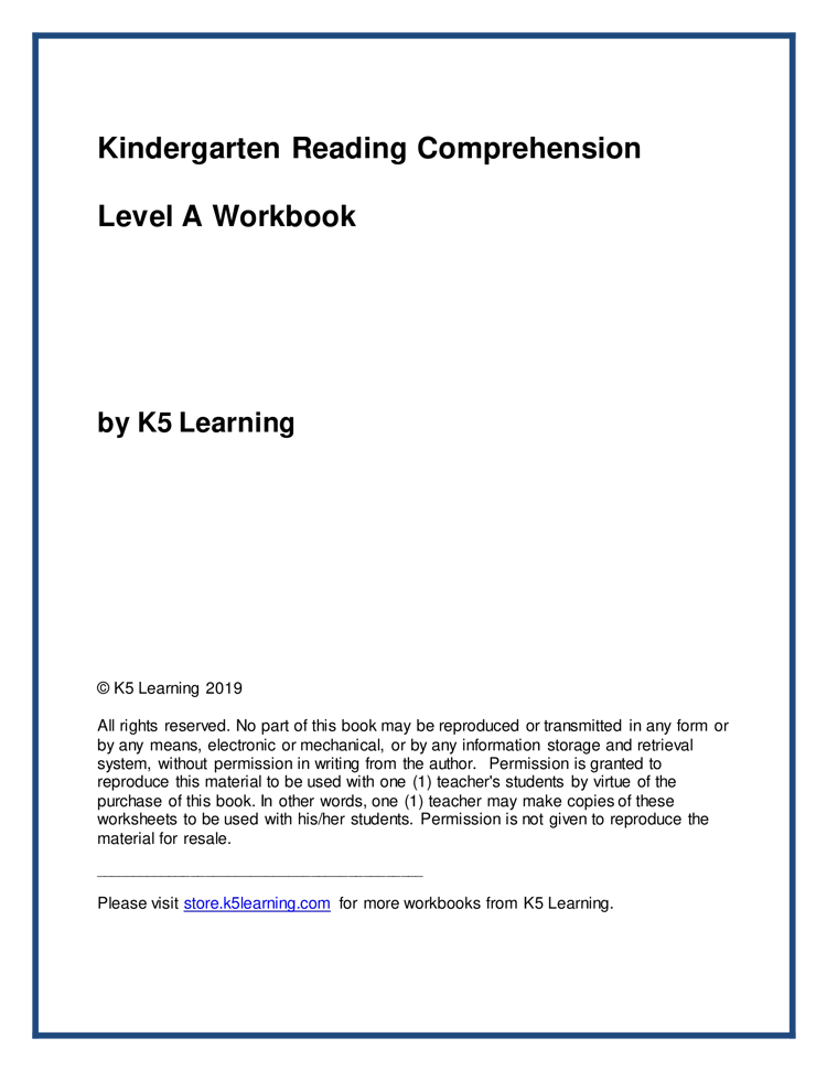 K5 Learning Reading Comprehension Workbook – Level A