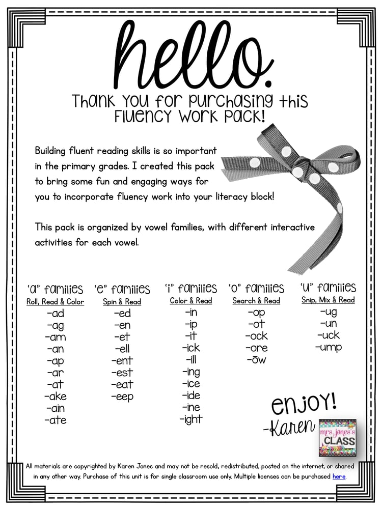Roll and Read Word Families – Fluency Work Pack