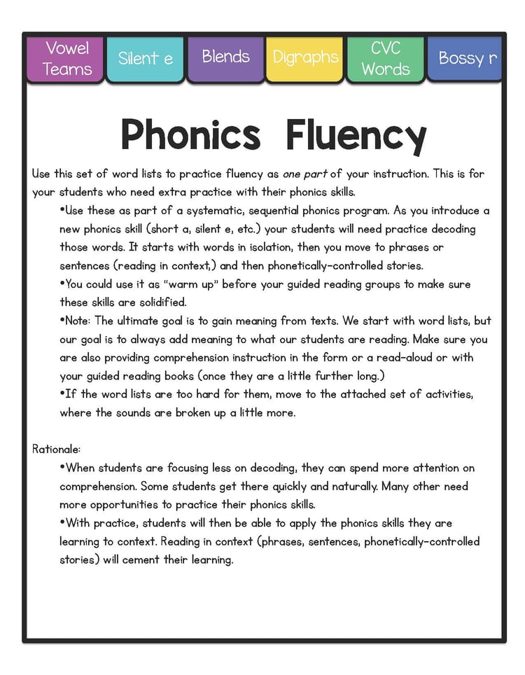 Phonics Fluency Word Lists with Vowel Helper