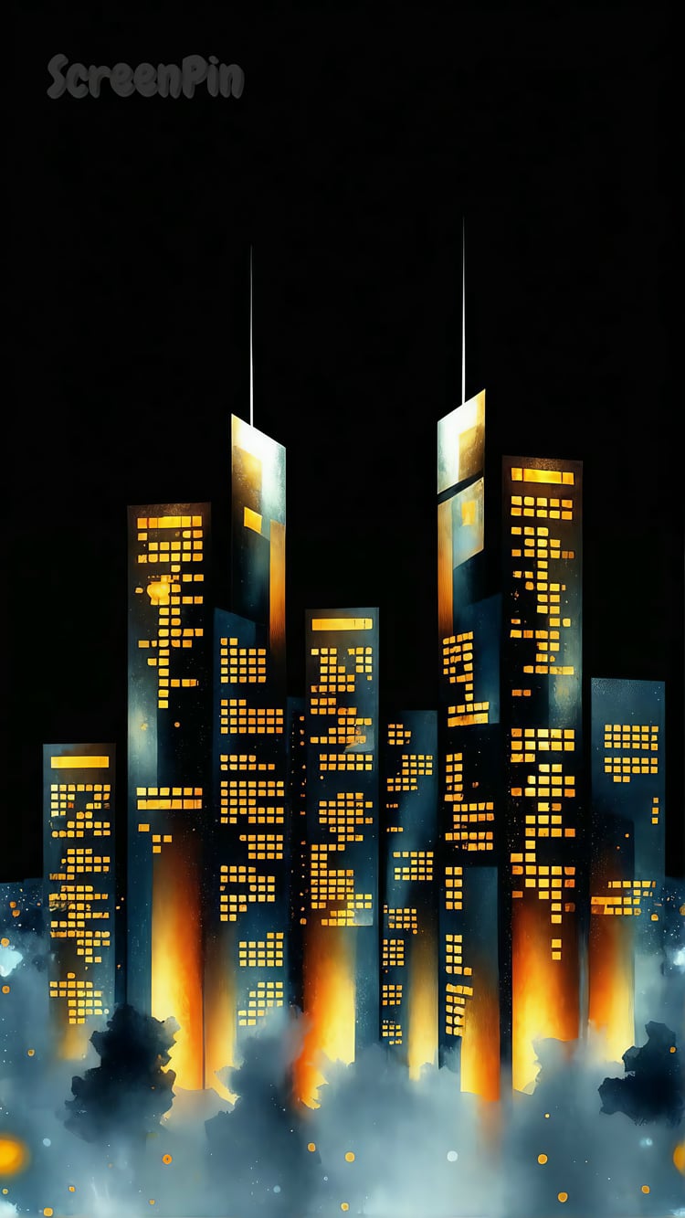 Minimalist digital artwork of a glowing futuristic city skyline at night, with tall rectangular skyscrapers illuminated in white, amber, and yellow lights against a black background.