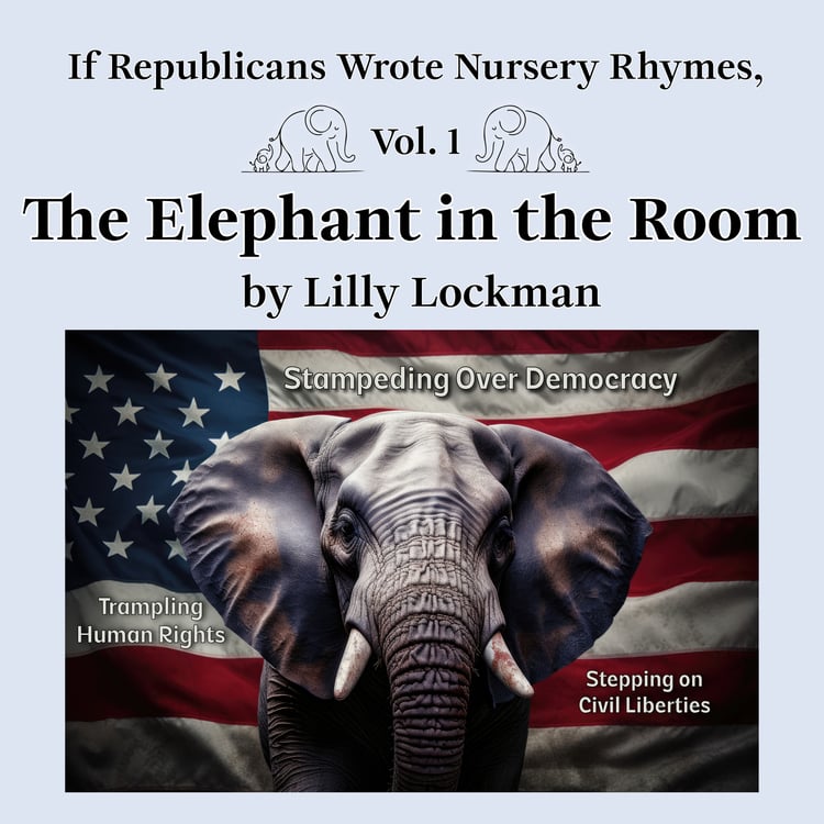 "The Elephant in the Room" book cover – political satire with a bold design, dark humor tone, and a minimalist elephant illustration.