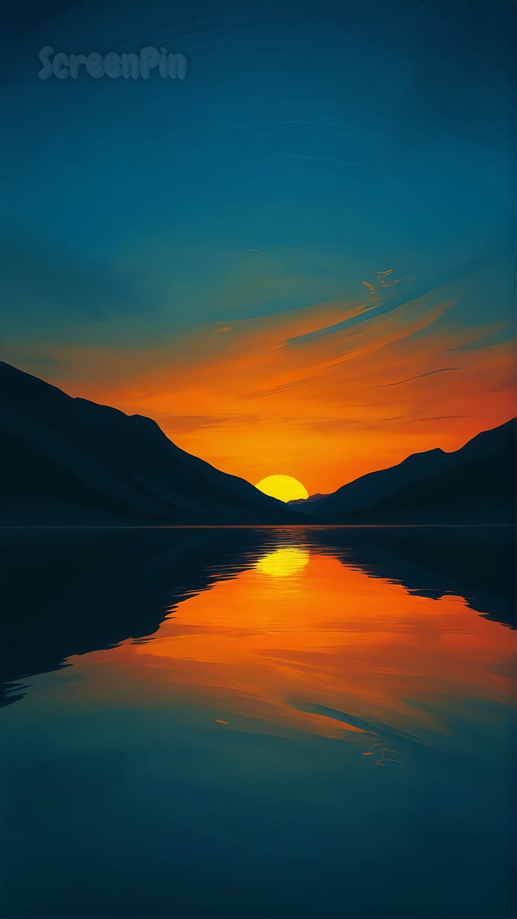 Cinematic digital artwork of a surreal sunset with glowing orange and yellow horizon, dramatic mountain silhouettes, and a perfect water reflection under a deep blue sky.