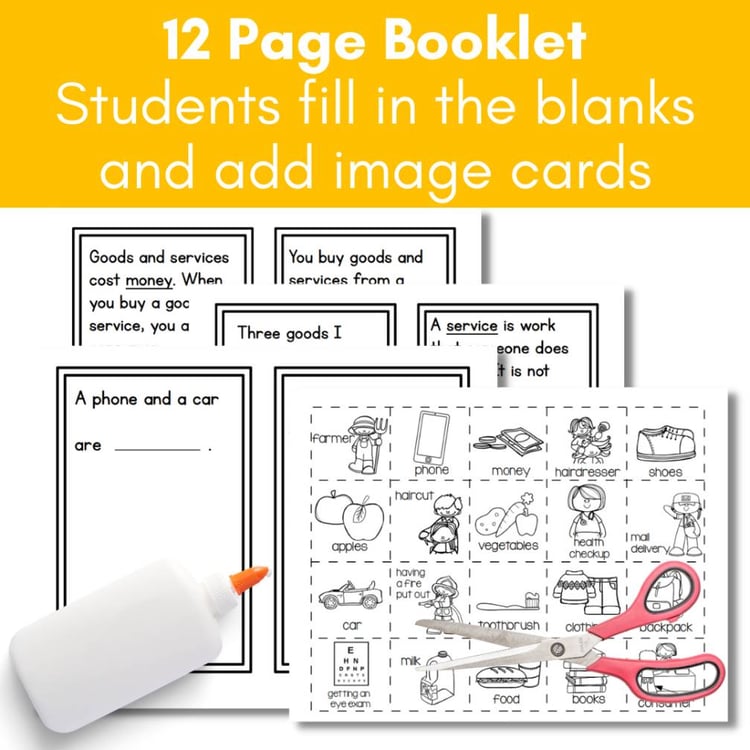 Goods and Services Sorting Activity Economics for Kids Booklet Worksheet