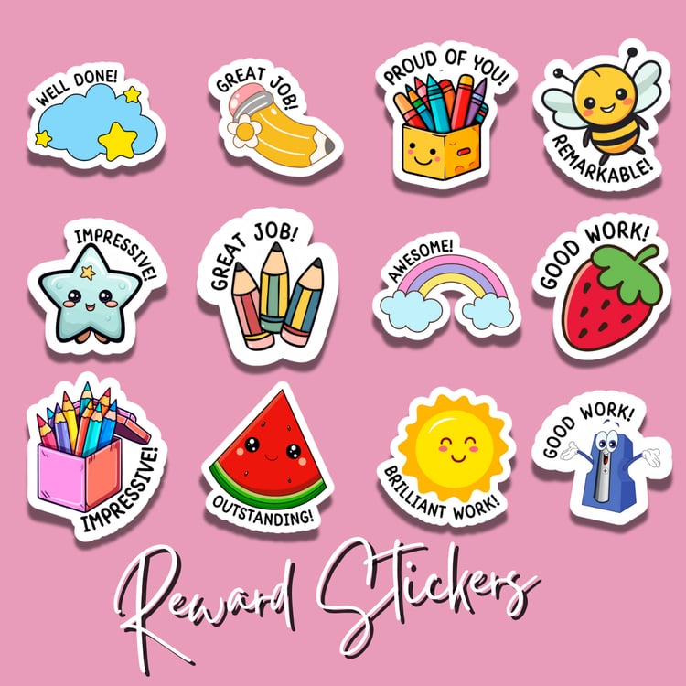Printable Reward Stickers – Motivational Cute PNG Stickers for Kids & Planners | Fun Colorful Sticker Pack (12 Designs)