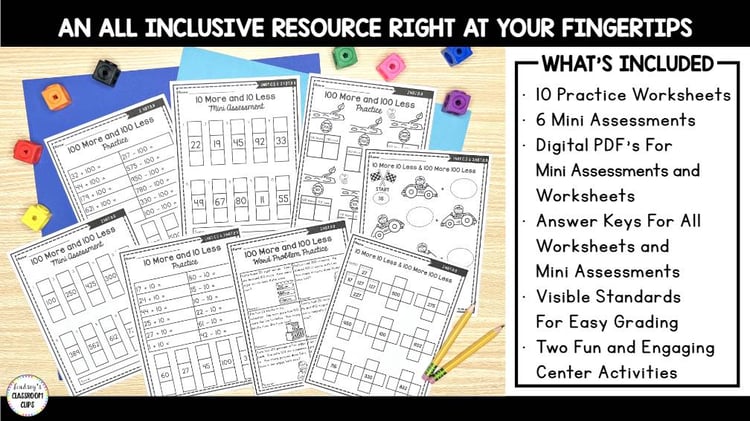 10 More 10 Less & 100 More 100 Less Activities, Centers, & More