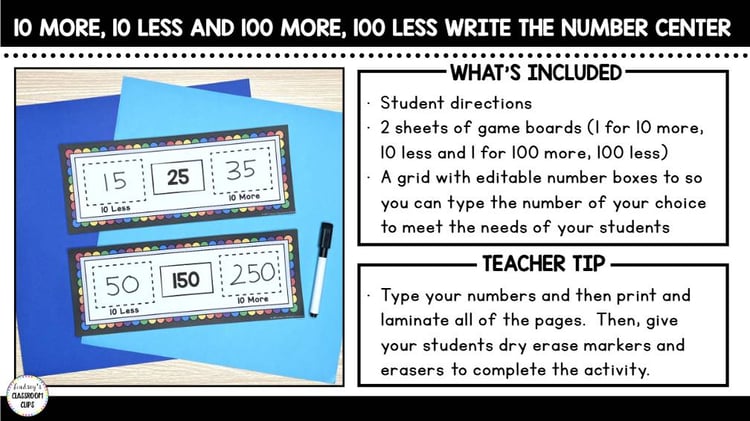 10 More 10 Less & 100 More 100 Less Activities, Centers, & More