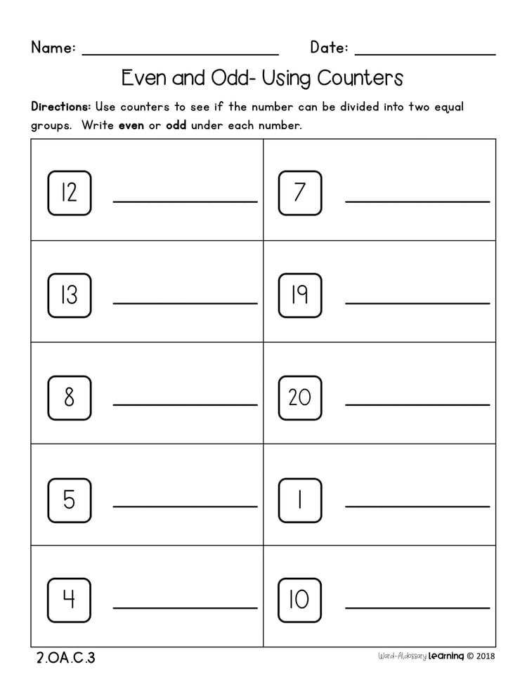 2nd Grade, Even and Odd Numbers- No Prep Practice Worksheets