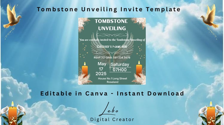 Heavenly Tribute invitation with angel wings, light accents and graceful borders