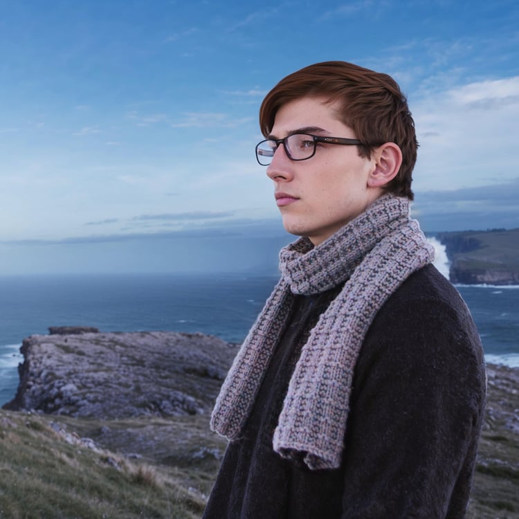 A young man wears a rugged bulky-knit scarf with waffle weave texture and stands in front of a turbulent sea on a rocky shore.