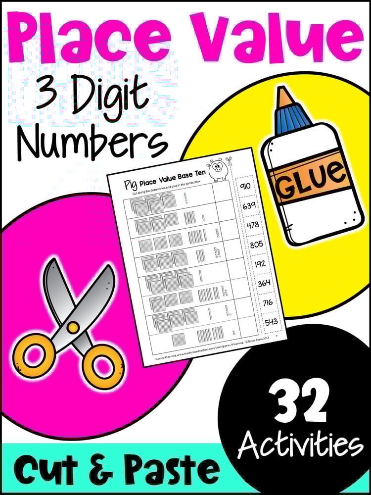 Place Value Worksheets to 1,000 - Cut & Paste Activities w/ Base Ten Blocks etc