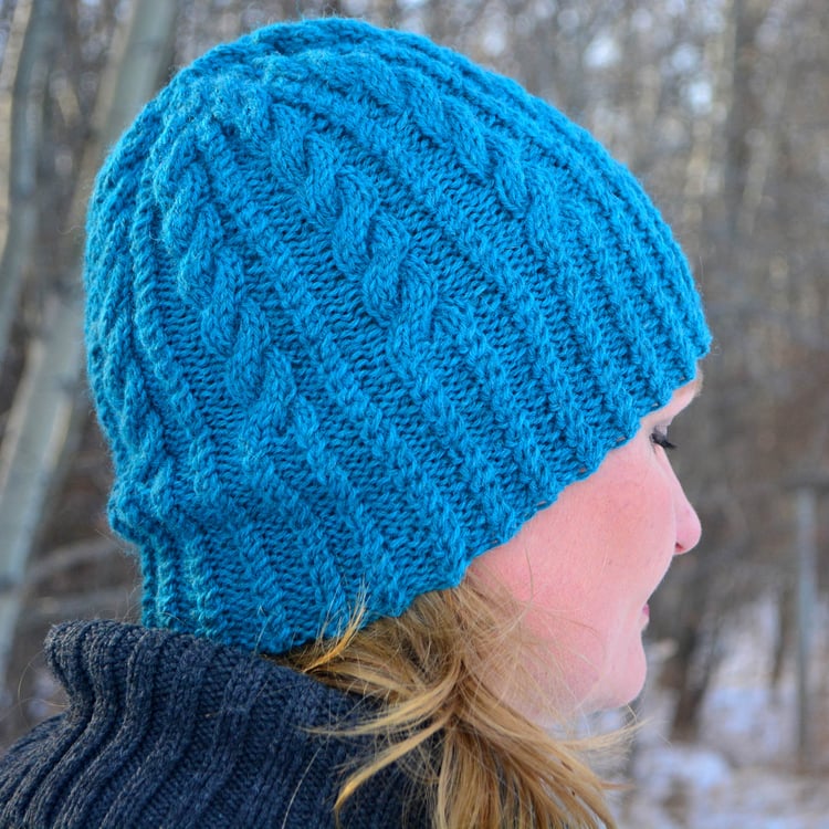 Three-quarter view of the back of a blue cable-knit beanie with twisted rope cables for ribbed brim and alternating large and small rope cables for the crown. She stands in front of a snowy treed background.