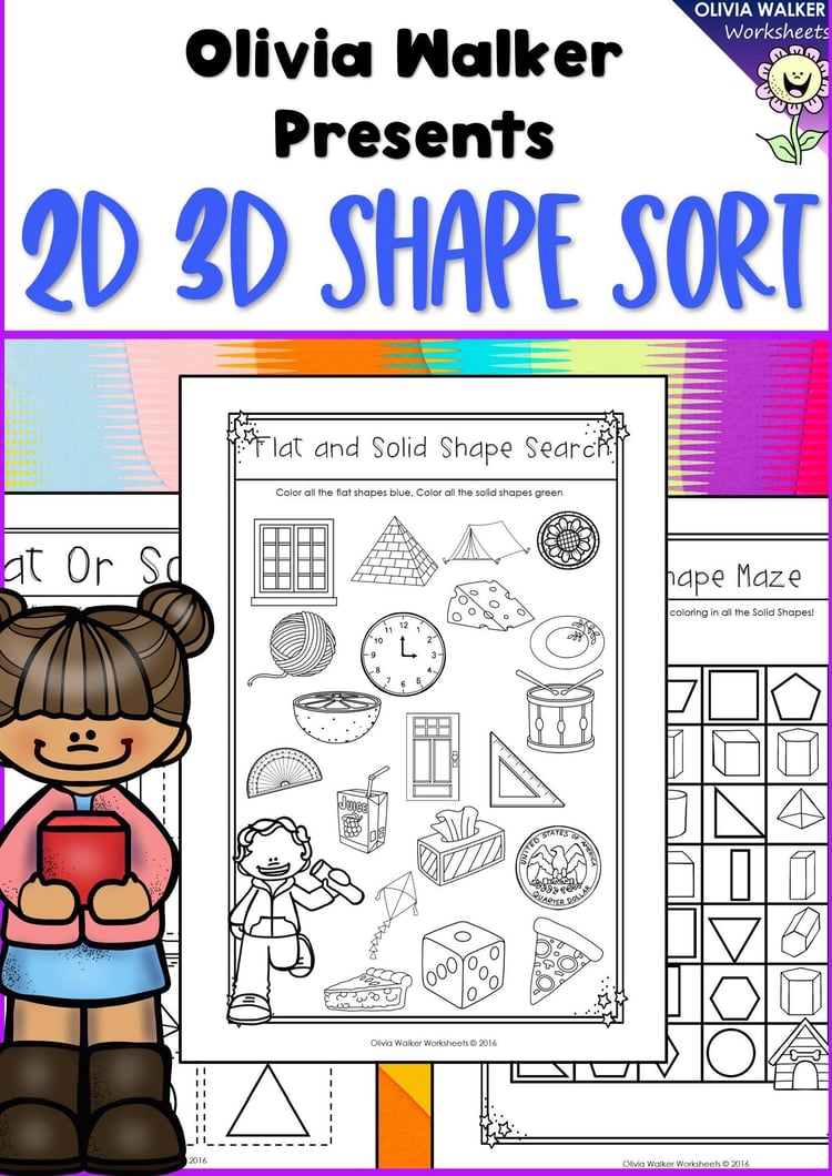 Flat or Solid Shapes - 2d or 3d shape sort - Geometry Worksheets including maze
