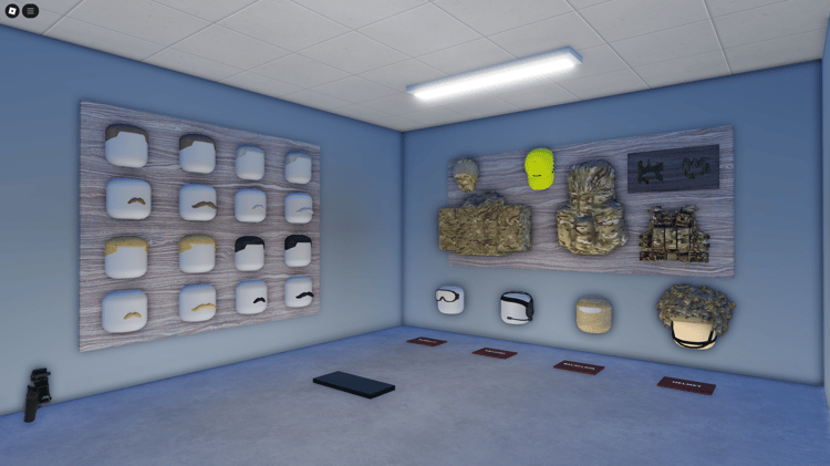 Roblox British Army gear display with helmets and vests