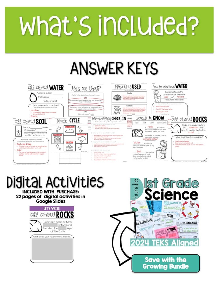 1st Grade Science: Rocks, Soil, Bodies of Water & Conservation (digital + print)