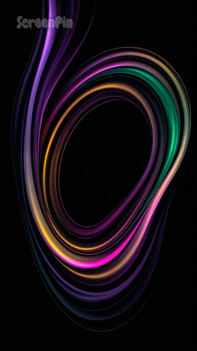 Glowing abstract swirl made of iridescent lines in purple, teal, green, and magenta on a black background. High-contrast digital composition with a hypnotic, futuristic feel.