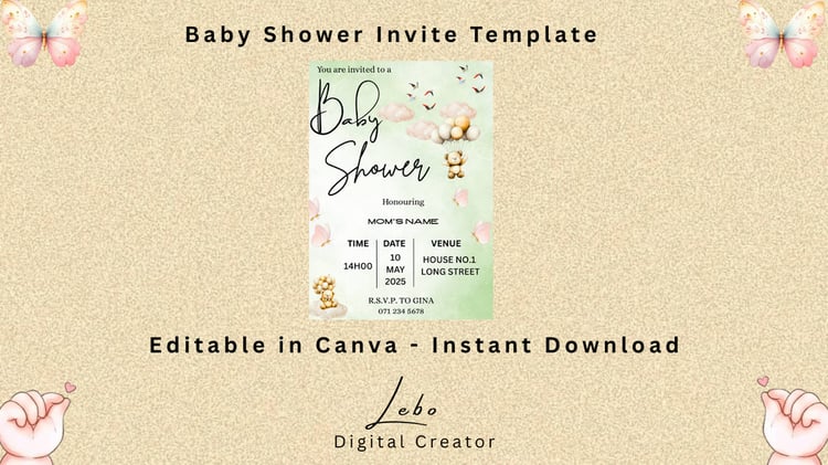 Soft pastel baby shower invite with clouds, butterflies, and flying birds for a serene theme.