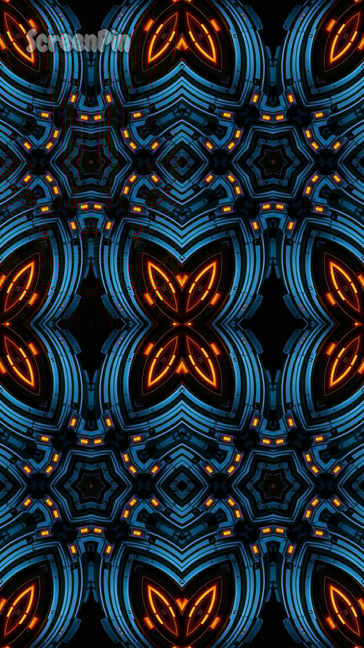 Futuristic seamless digital pattern with glowing orange and blue geometric shapes on a black background, high-tech and sci-fi inspired design with cybernetic symmetry and layered textures.