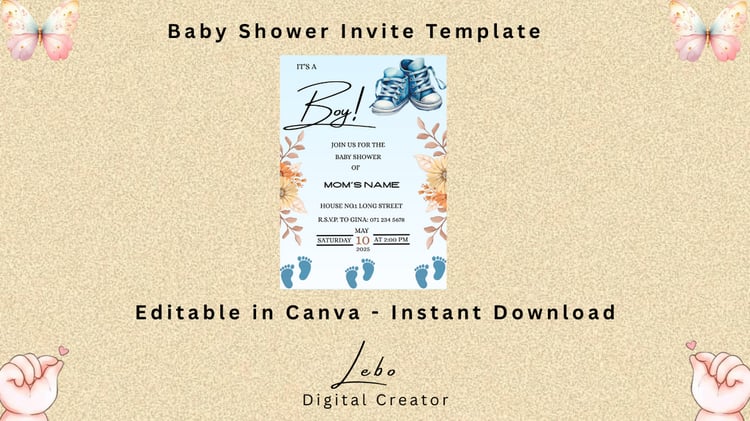 Blue baby shower invite with elegant elements for a boy’s celebration.