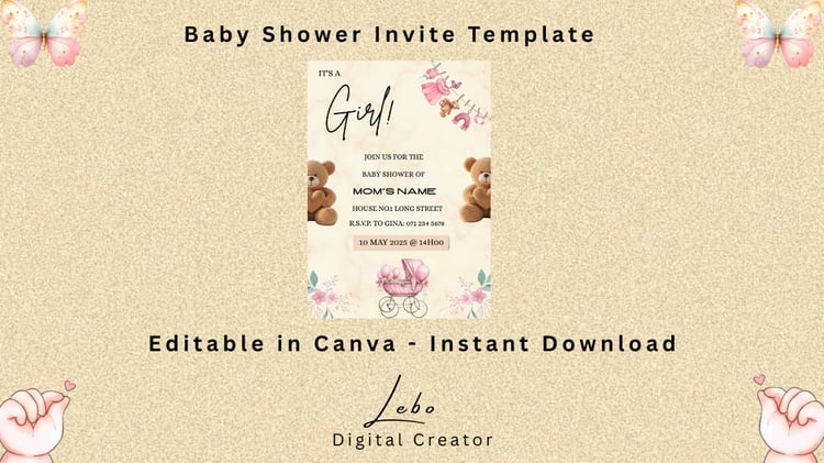 Pink baby girl shower invitation with elegant layout and delicate design.