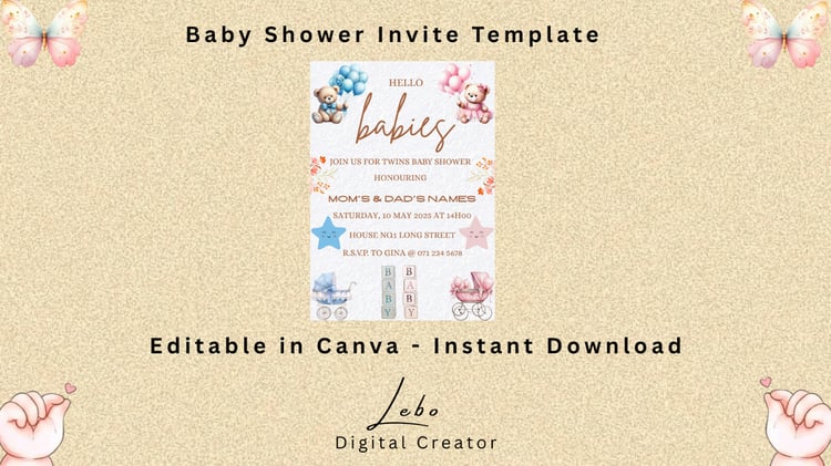 Sweet and stylish twin baby shower invite with double heart accents.
