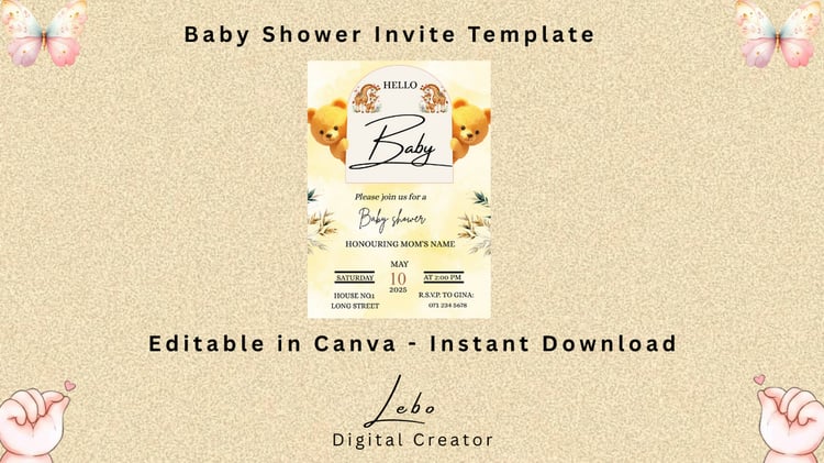 Adorable pastel baby shower invite with playful and lovable elements.