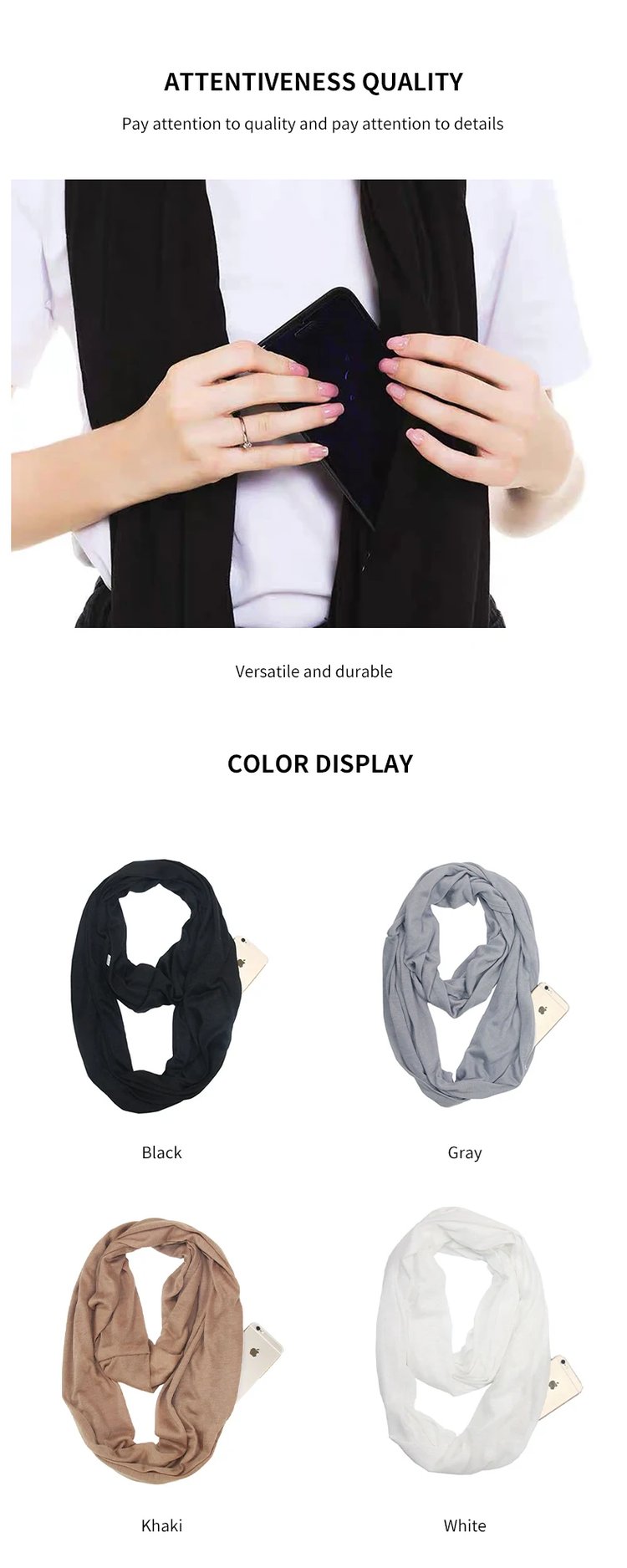 Women Infinity Loop Scarf with Hidden Zipper Pocket Travel Scarf Solid Color Neck Wrap Suitable for Daily Traveling Storage