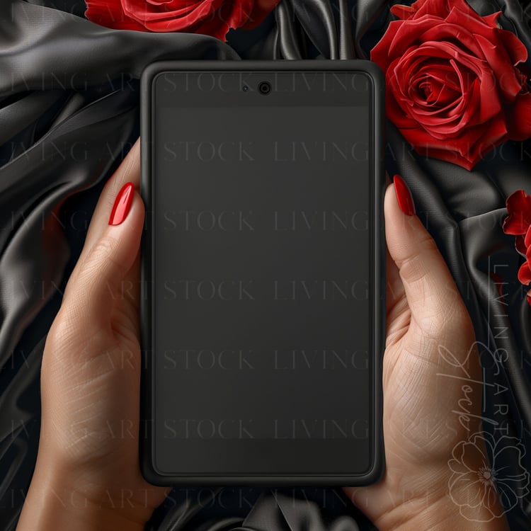 Black woman holding black smartphone, ebook cover mockup photo