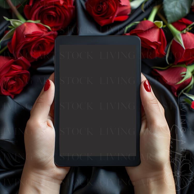 Woman holding black tablet against red rose and black satin, ebook cover mockup