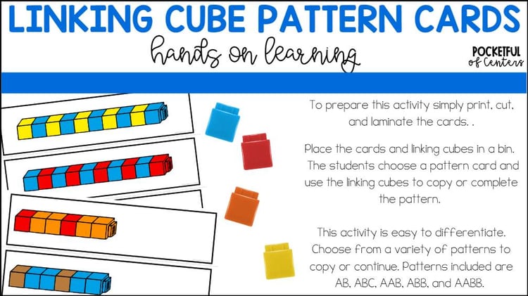 Linking Cube Pattern Cards {AB, ABC, ABB, AAB} Fine Motor Math Center Activity