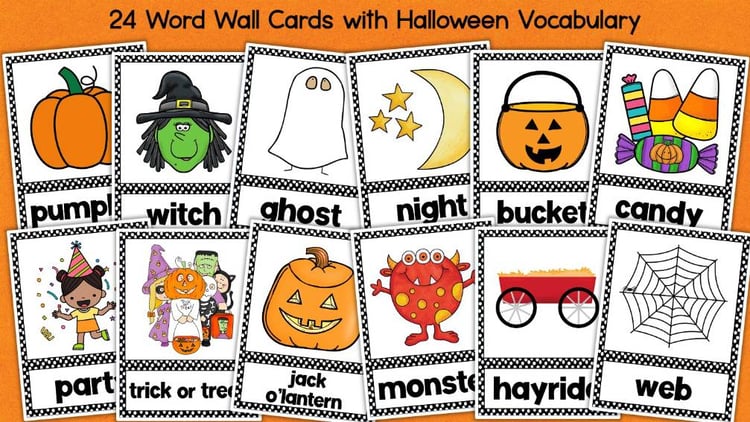 HALLOWEEN Words Vocabulary Word Wall Cards Activities Kindergarten 1st 2nd Grade