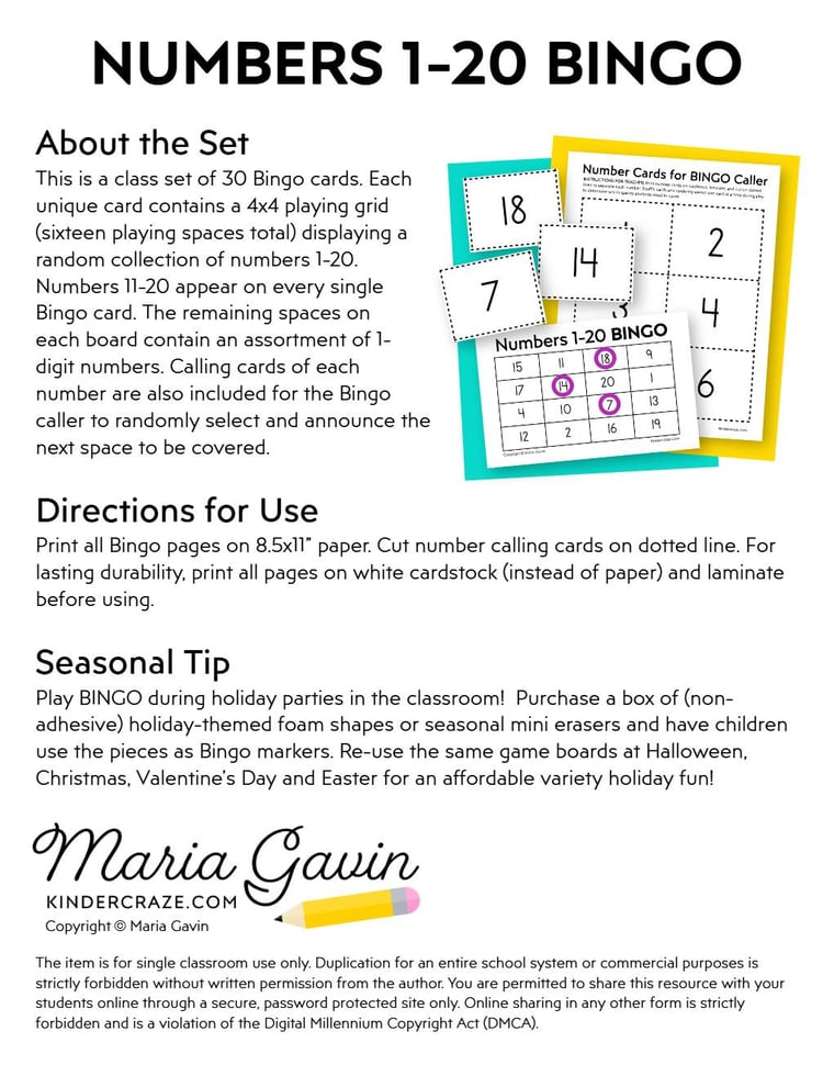 Numbers 1-20 Bingo - Teen Number Recognition - Kindergarten Review Bingo Games