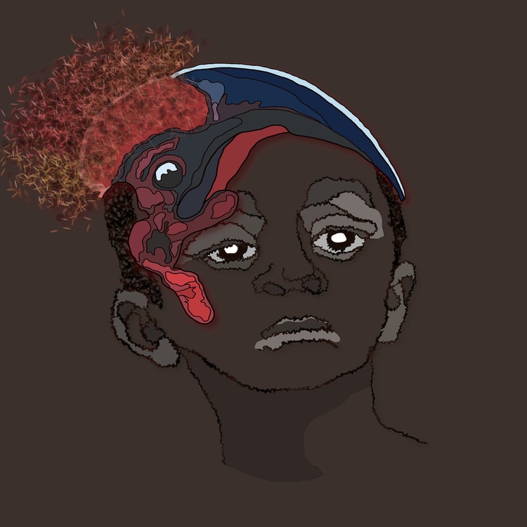 young face with bird feathers