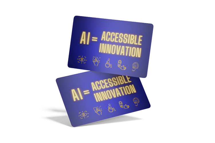 A royal blue colored magnet with gold letters that read AI = Accessible innovation