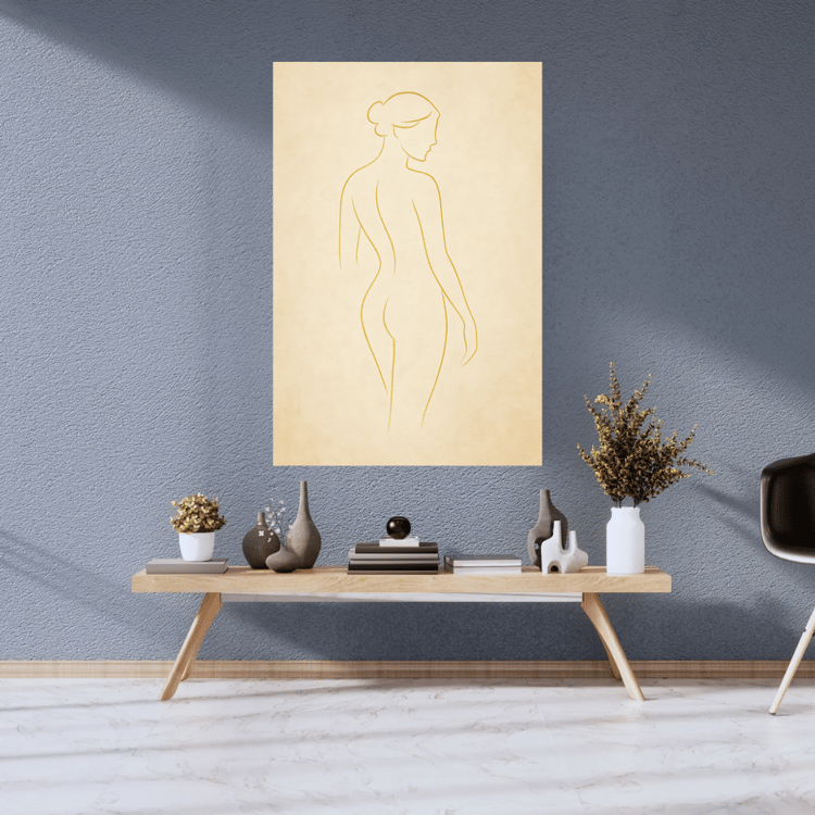 female silhouette art, minimalist female art, gold line art, elegant woman print, digital feminine artwork, modern classical sculpture, textured background art, cream wall art, soft gold digital print, graceful silhouette design, contemporary female form,
