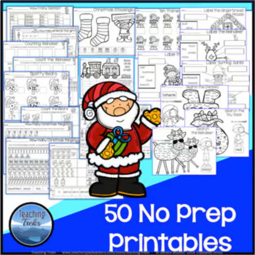 Christmas Kindergarten Worksheets – 50 NO PREP Math & Literacy Printables + 56 Word Wall Cards