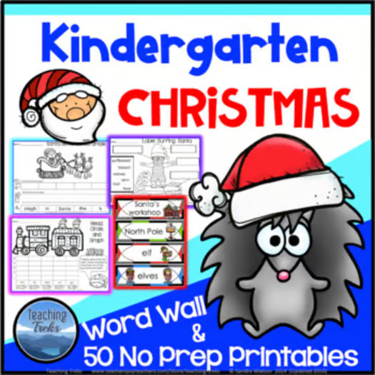 Christmas Kindergarten Worksheets – 50 NO PREP Math & Literacy Printables + 56 Word Wall Cards