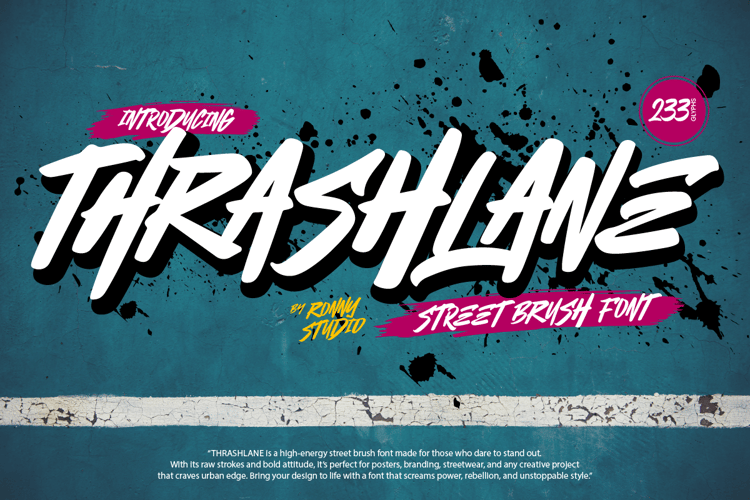 Thrashlane street brush font preview with bold urban lettering, graffiti splatter effects, and distressed teal background. Perfect for edgy poster, branding, and streetwear font designs.